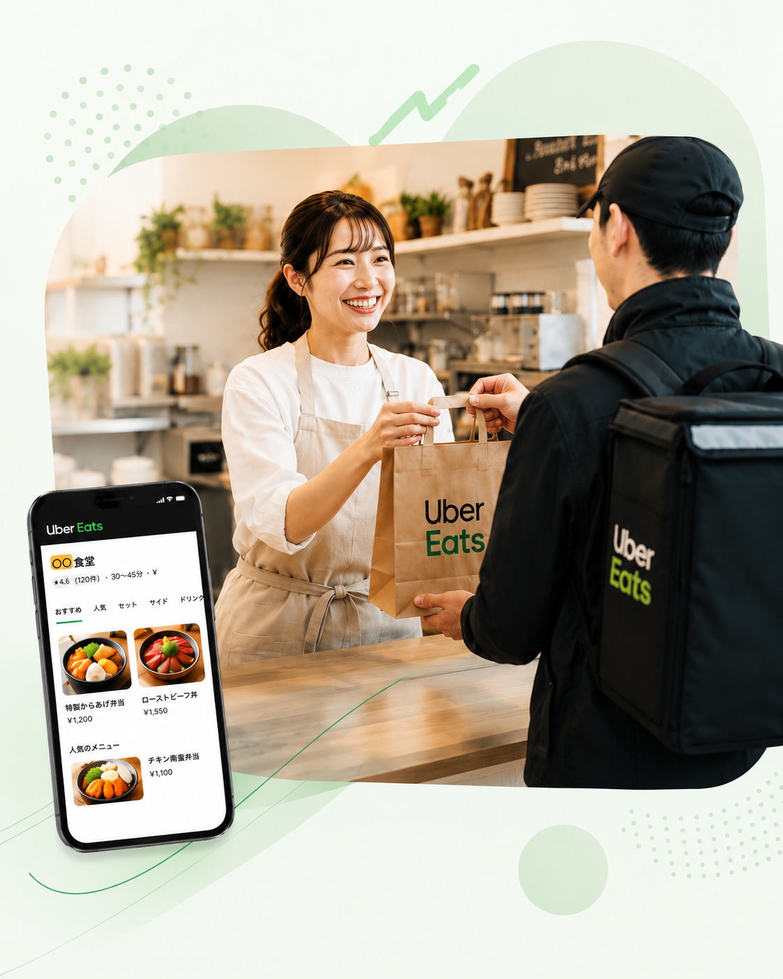 Uber Eatsの紙袋を配達員に手渡す飲食店スタッフと、注文画面を表示したスマートフォン
